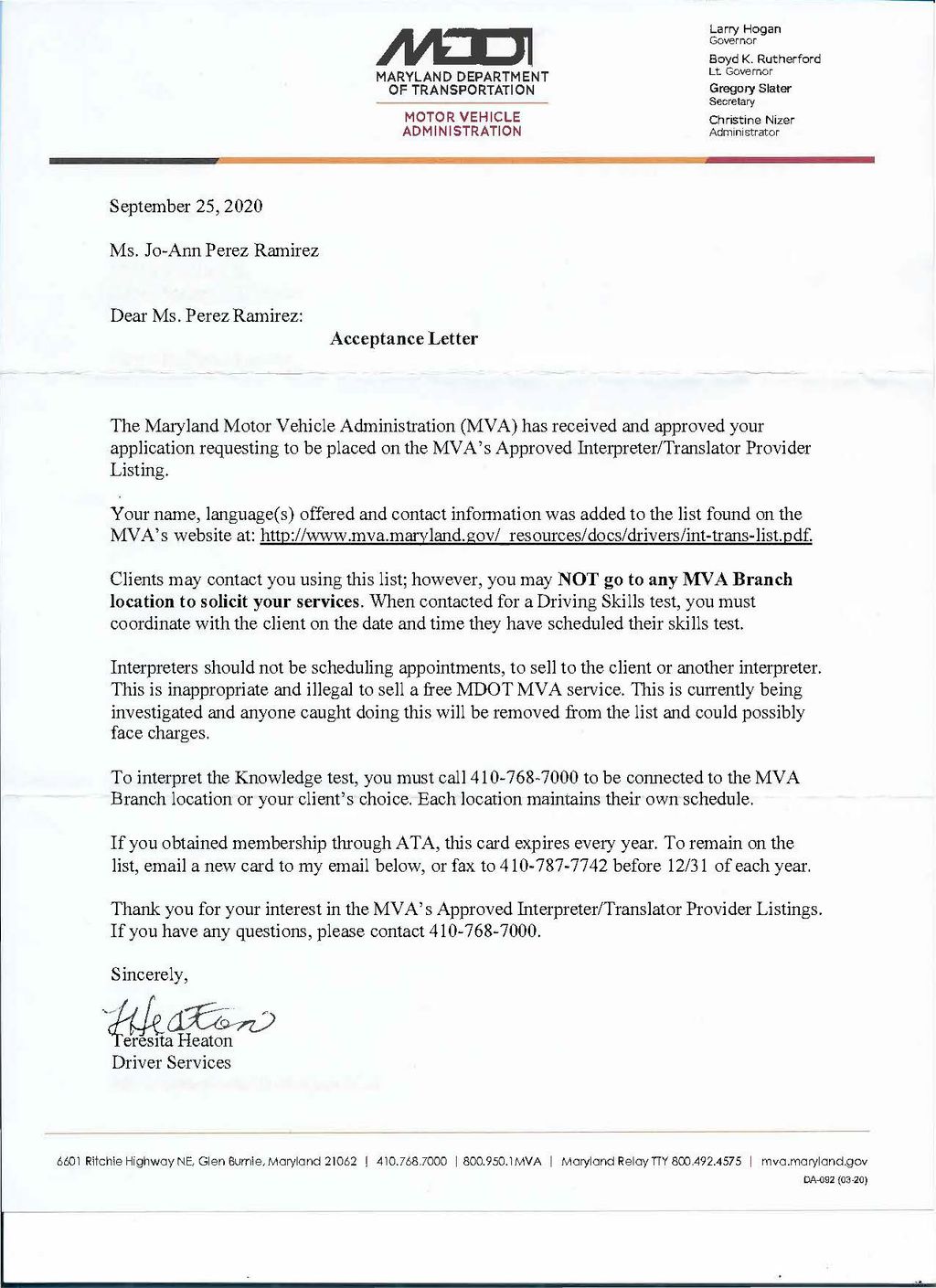 MVA Acceptance Letter