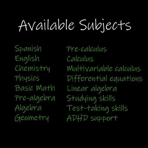 Subjects available for tutoring