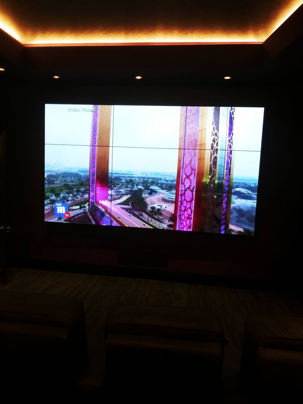 video wall in movie room. 9 tv's one picture.