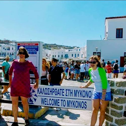 Laurie H and daughter arriving in Mykonos, Greece
