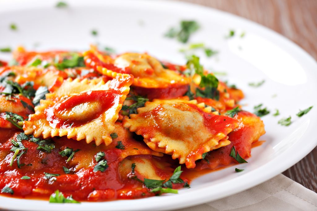 Ricotta & herb ravioli with San Marzano tomato mar