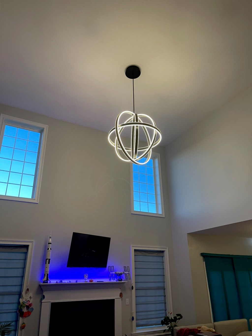 30lb led chandelier installed on 18’ vaulted ceili
