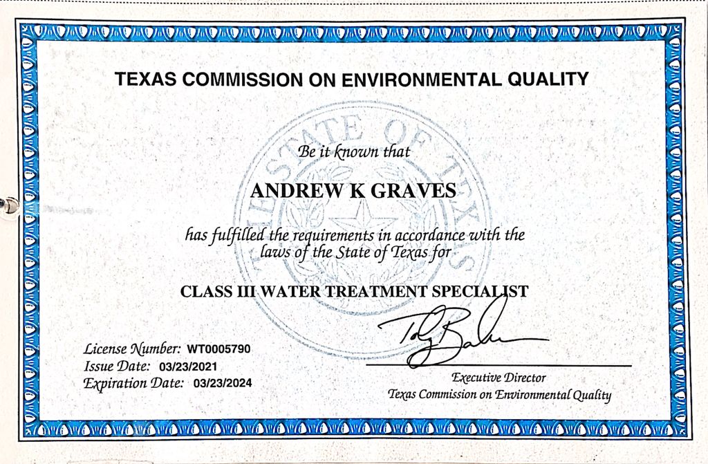Water Treatment Specialist 3 License