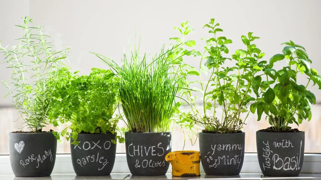 potted herb plants in sunlight