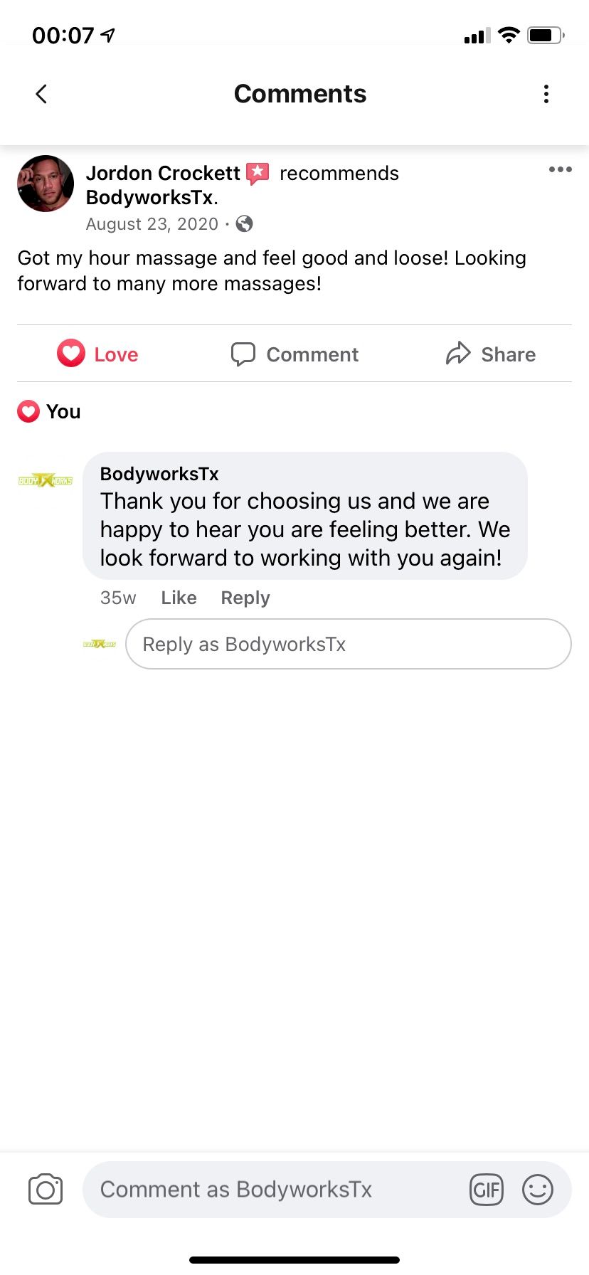 Happy customer leaving review on our Facebook page