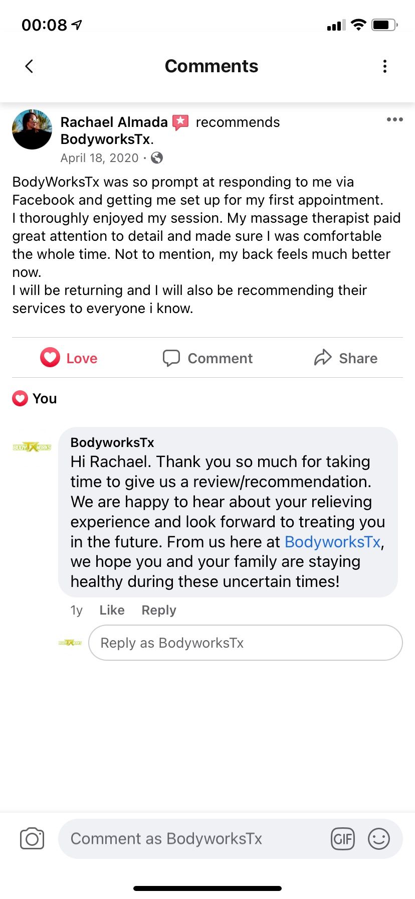 Happy customer leaving review on our Facebook page