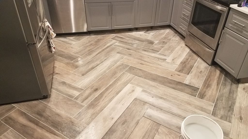 6x36 porcelain wood look tile in herringbone patte