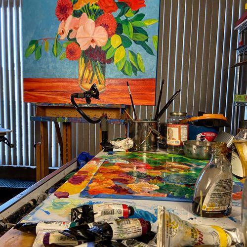 Art Studio 4.25.21 working on a 36” x 36” oil painting on canvas
