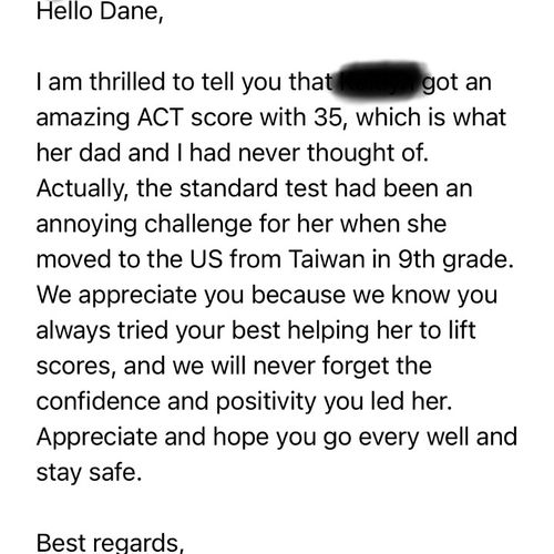 From the mother of the prior student (35 ACT score