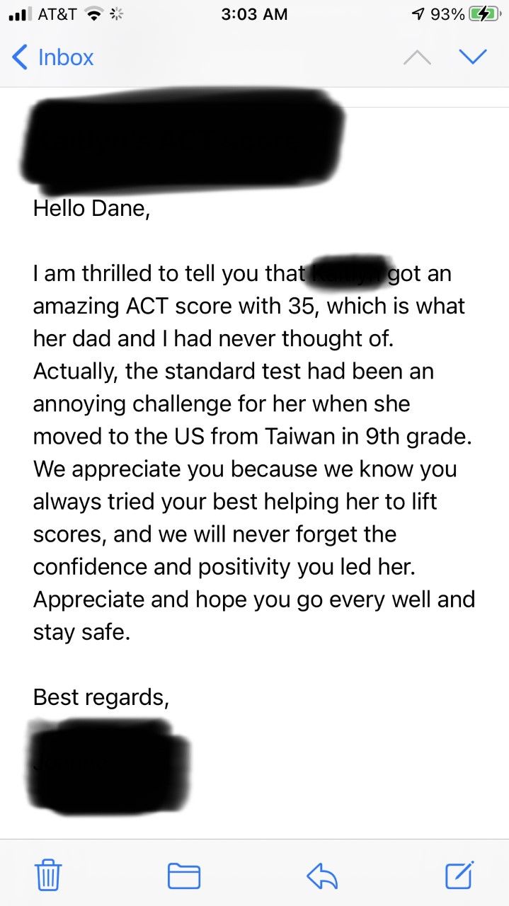 From the mother of the prior student (35 ACT score