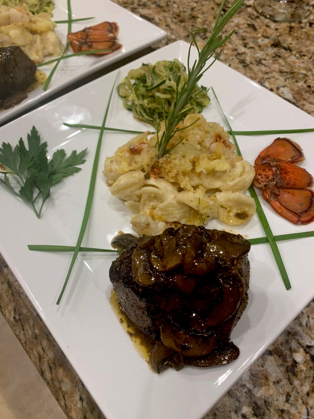 Seared filet, mushroom pan gravy, garlic zoodles a