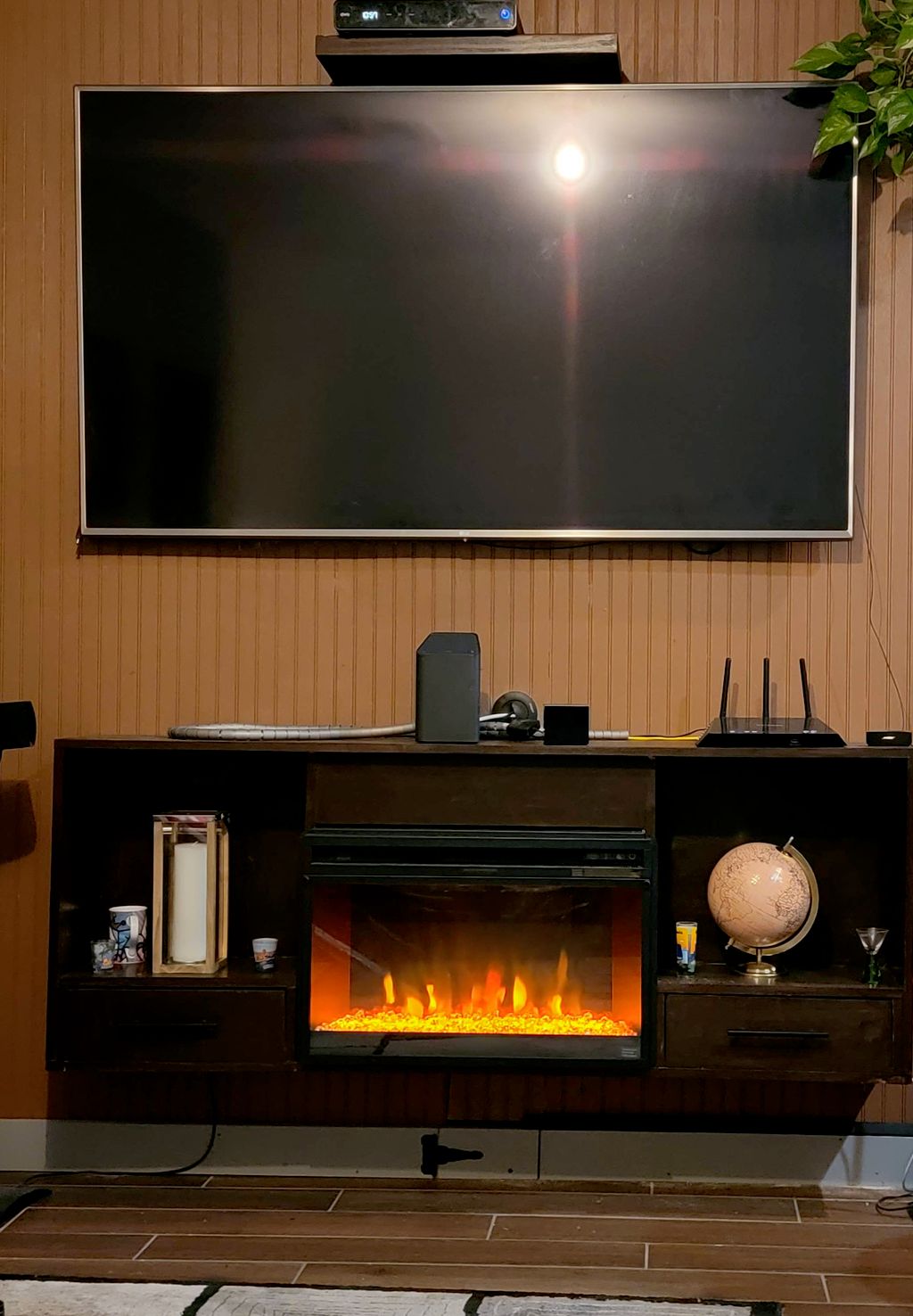 Floating entertainment center/fireplace