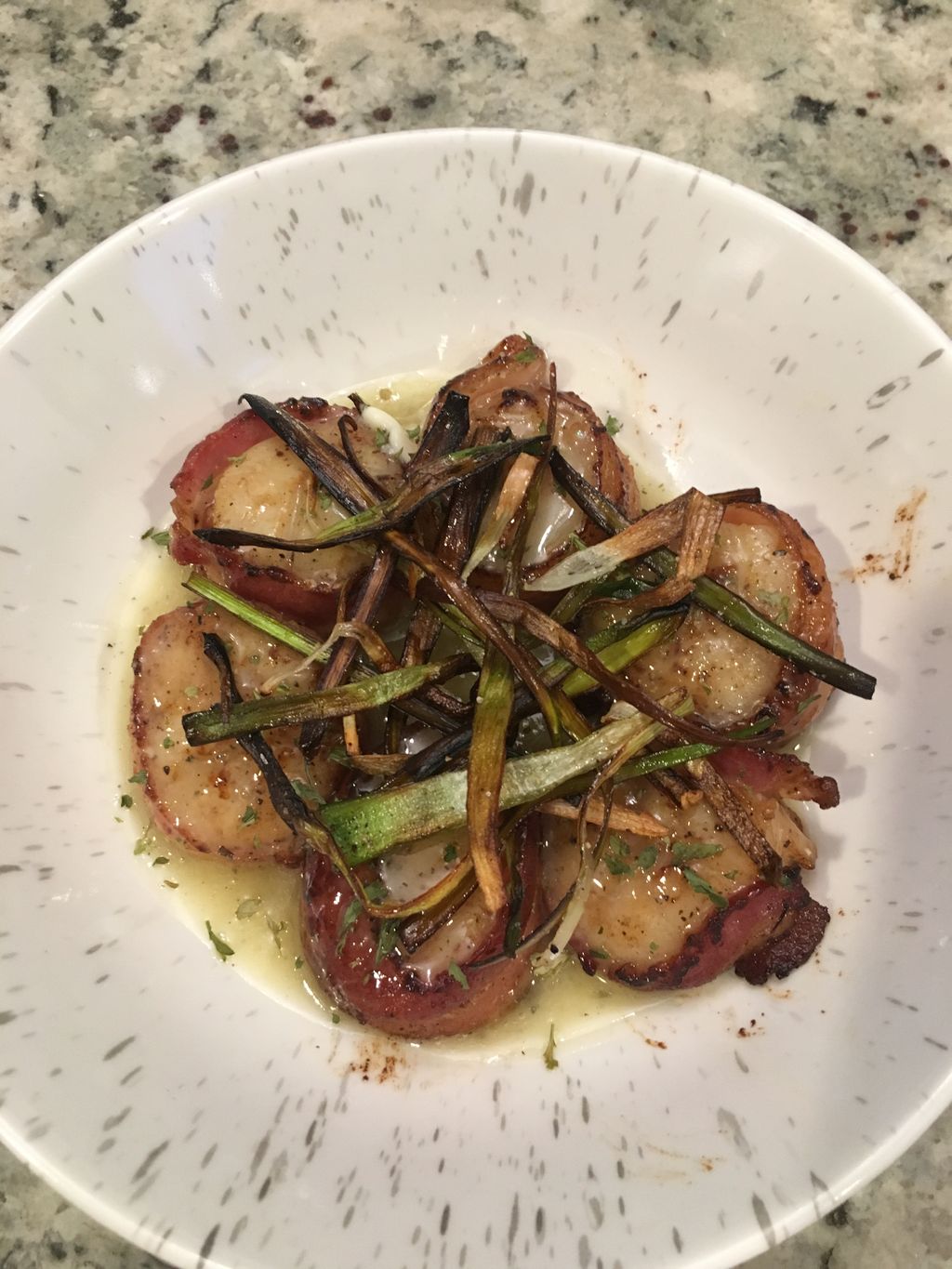 Bacon Wrapped Jumbo Scallops with Fried Leeks