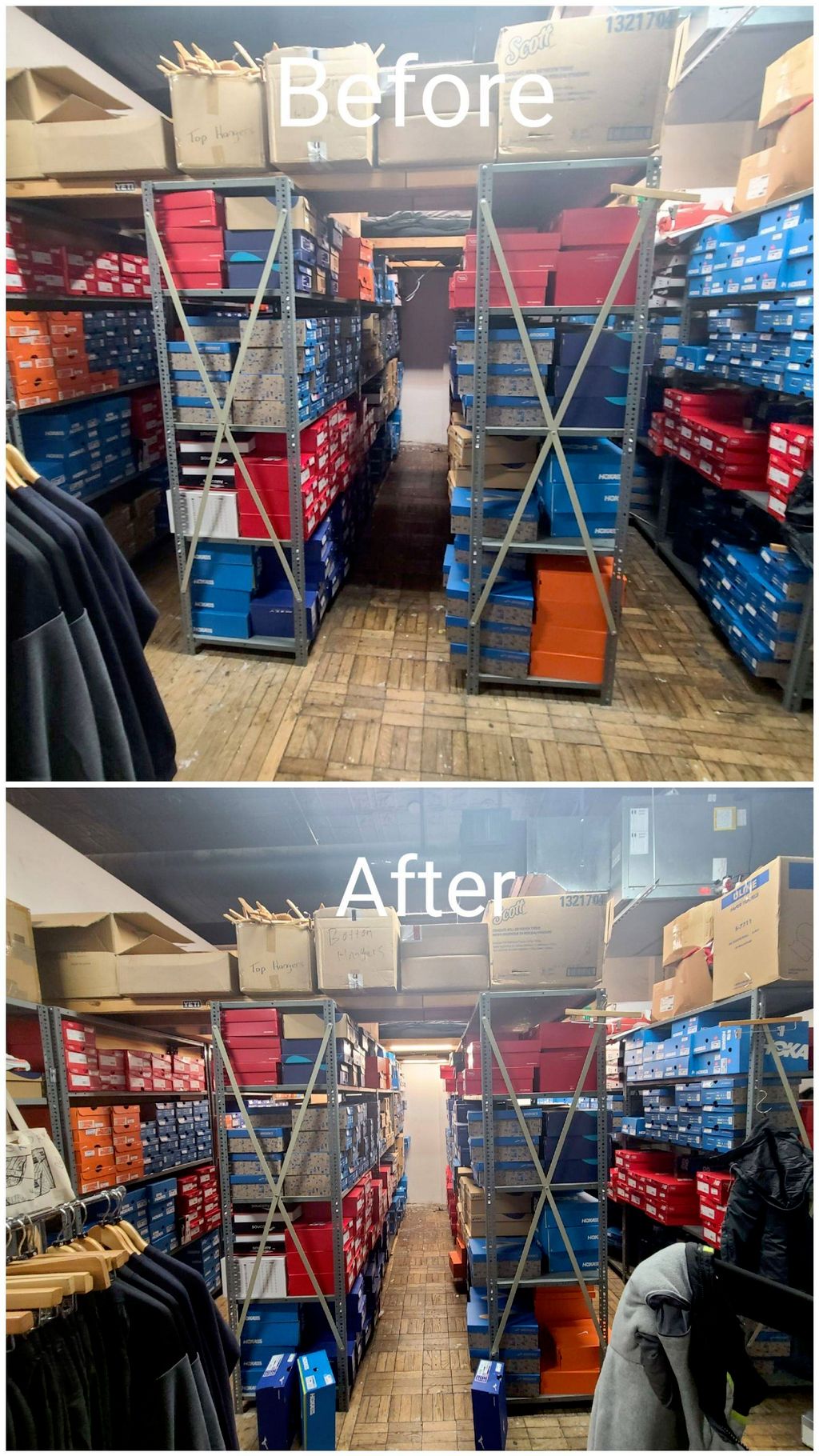 no light in sneaker store bag room aisles 