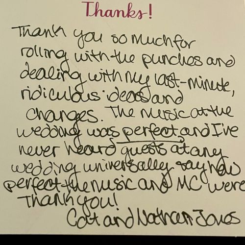 Thank you note from Cat McGowan, Topeka. 