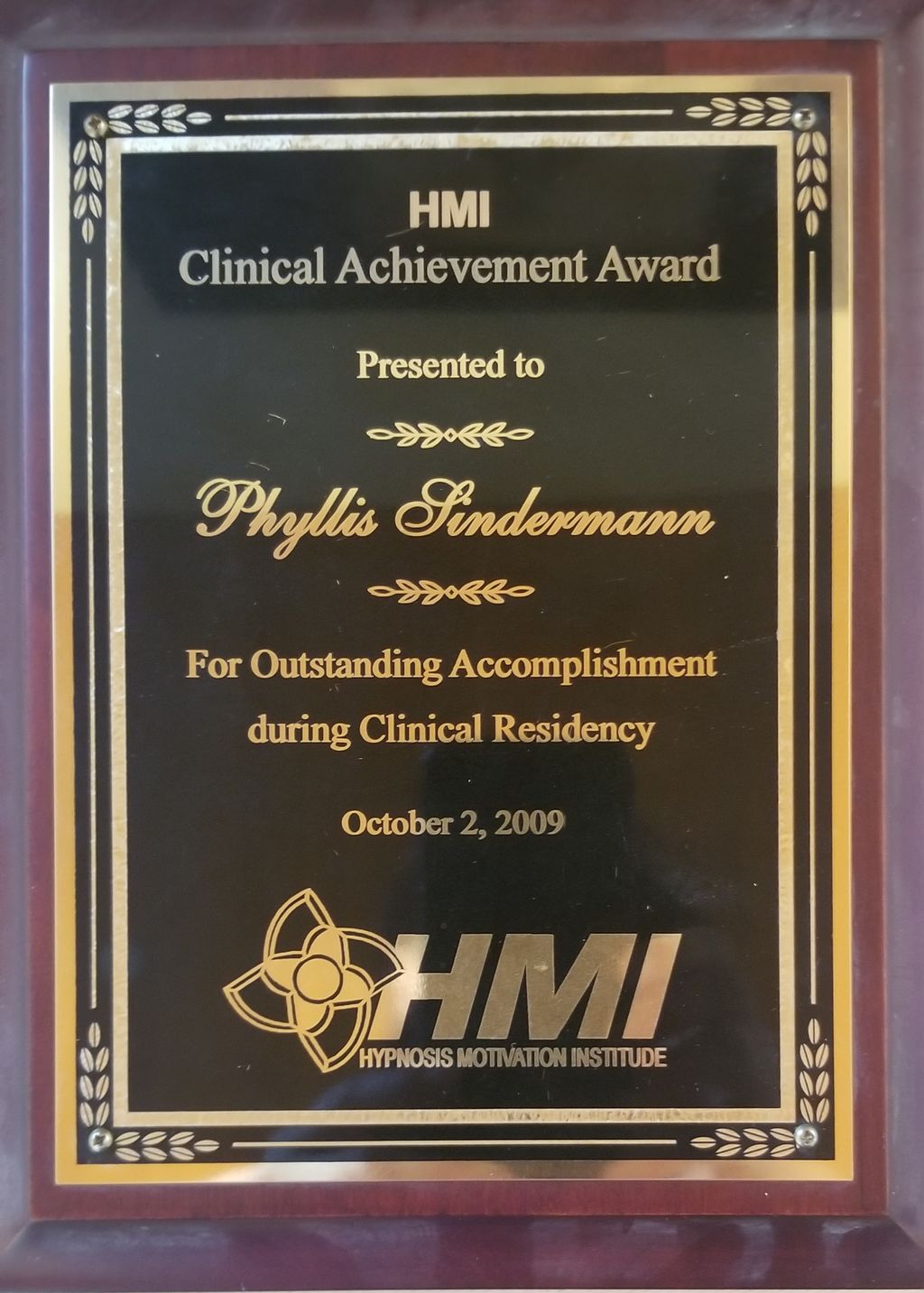 HMI College of Hypnotherapy award