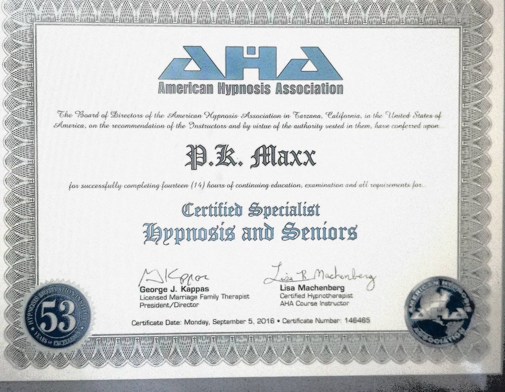 Special certification in Hypnosis and Seniors