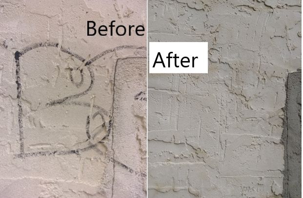 Graffiti Removal on Stucco Building Wall