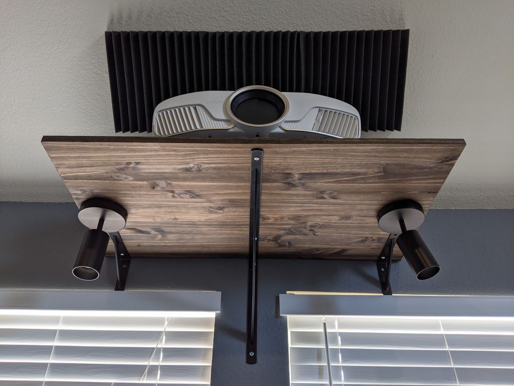 Projector wiring, custom shelf, damn movie downlig