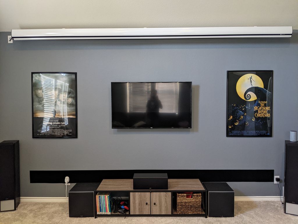 TV mount, 160" projector screen mounted, all cabli