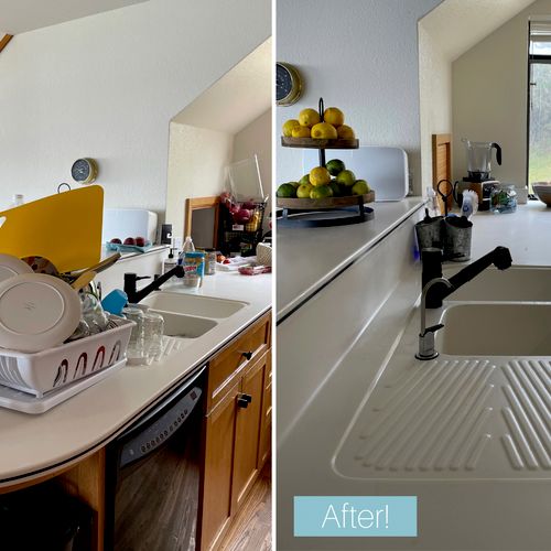 Before and after of some cluttered kitchen counter