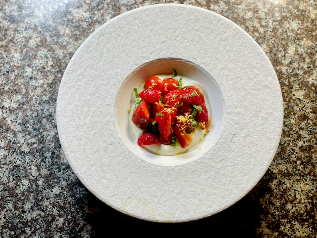 Yuzu whipped ricotta, strawberries and grape tomat