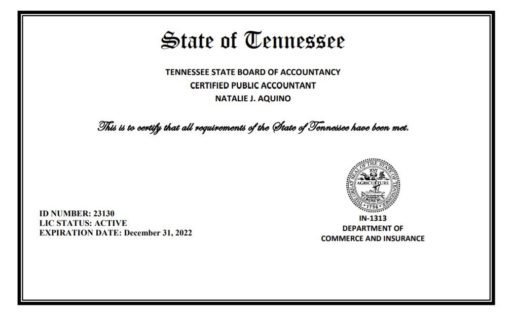 TN CPA- Licensed since March 2013
