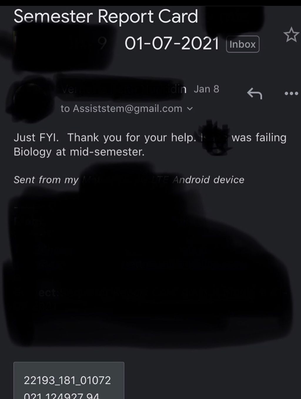 Message from the mom of a student I tutored in bio