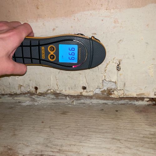 Moisture meter indicating wet conditions in kitchen 
