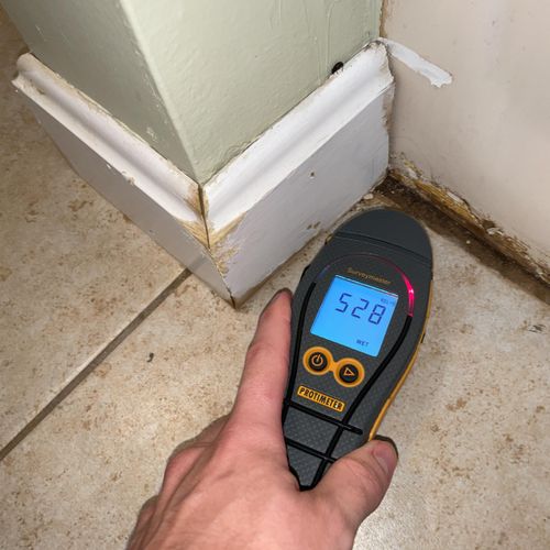 Moisture meter indicating wet conditions in bathroom
