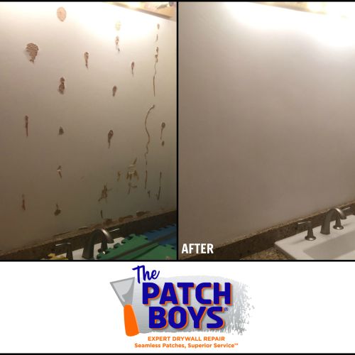 Before and After pictures of drywall repair of bat