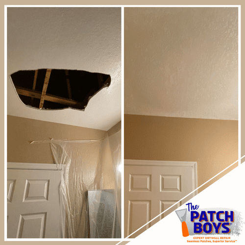 Before and after pictures of a bedroom ceiling.