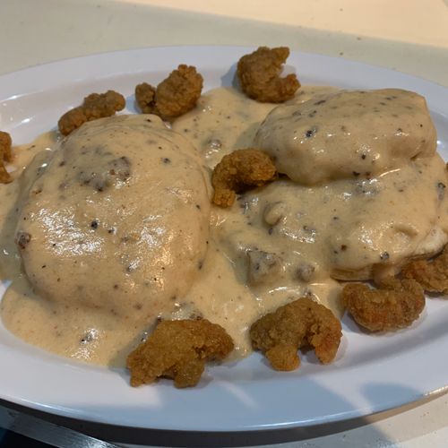 Fried Crawfish Biscuits and Gravy