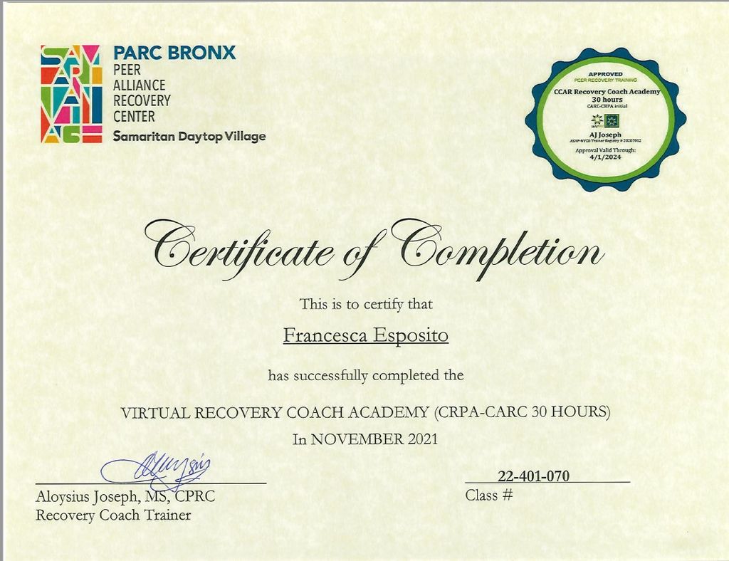 NYS ASAP NYCB CARC Addiction Coach Certificate