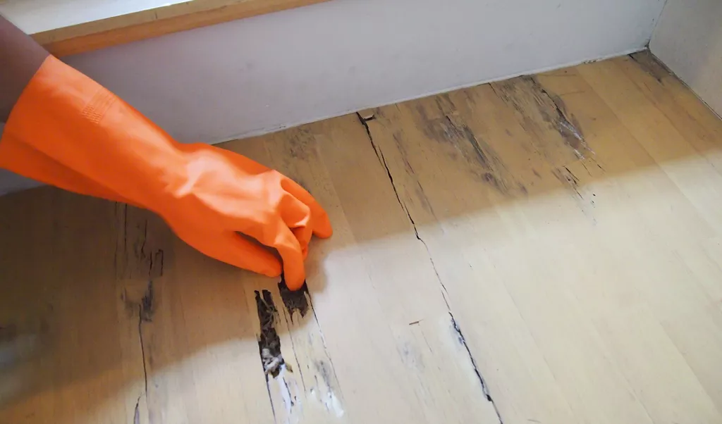 termite damage on wood floorboards causing creaking noise