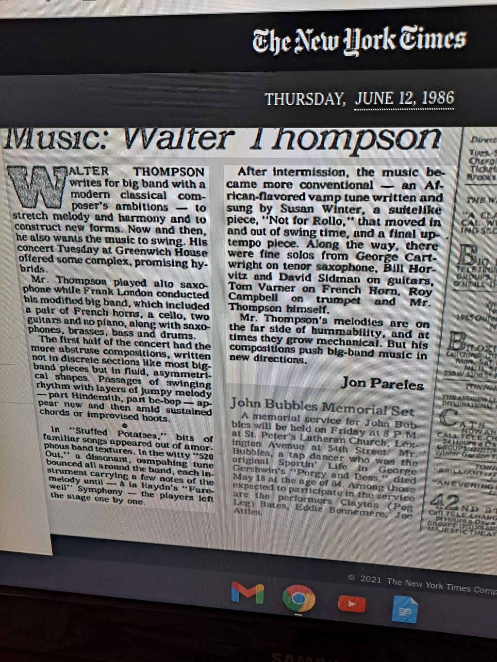 NY Times review with Walter Thompson Big Band 1986