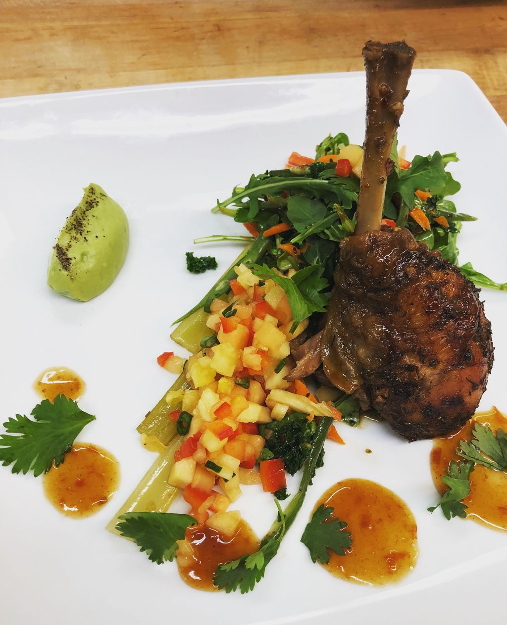 Jerk chicken/avocado purée/fruit salsa/tomato jam/