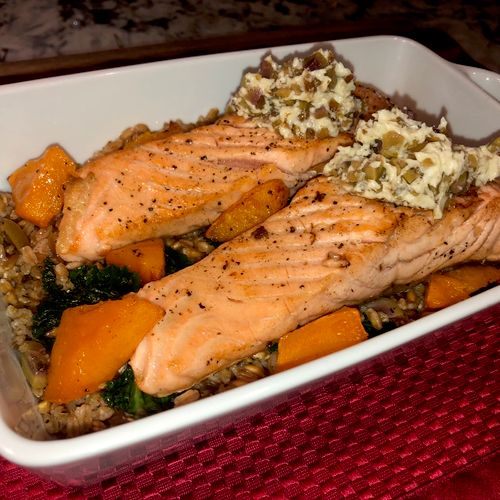 Seared Salmon with Olive Tapenade, Butternut Squas