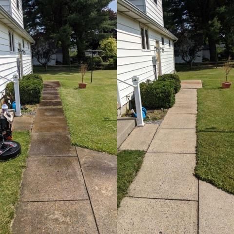 Before and after of sidewalk cleaning.