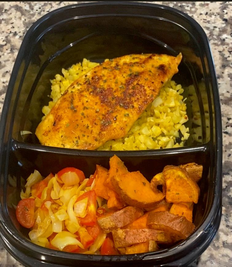 Chicken w/ Riced Cauliflower, Sweet Potatoes, & On