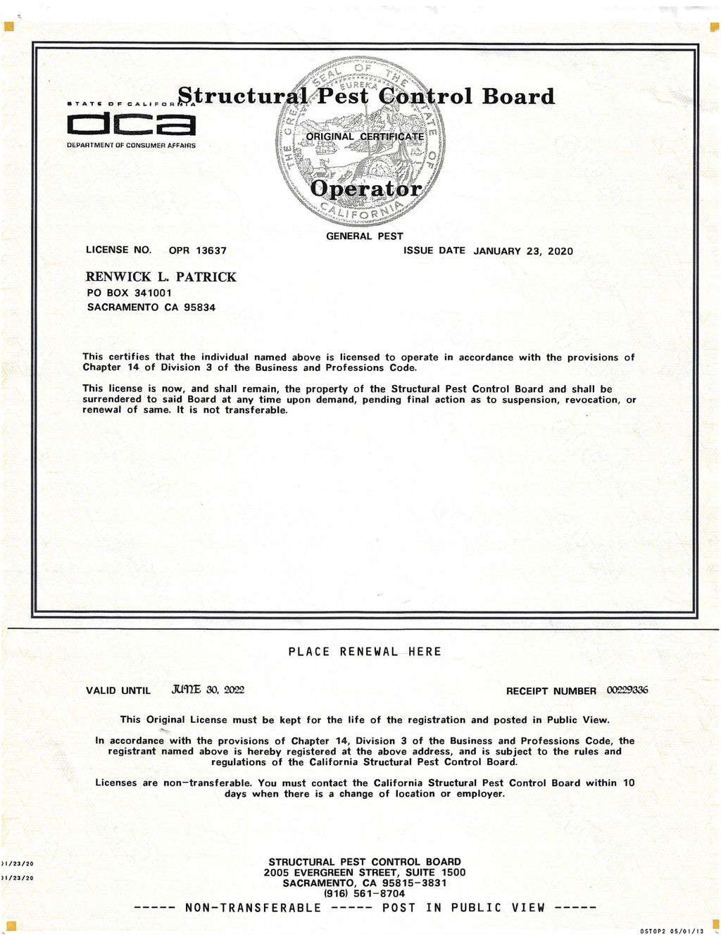 Licensed w/ the Structural Pest Control Board