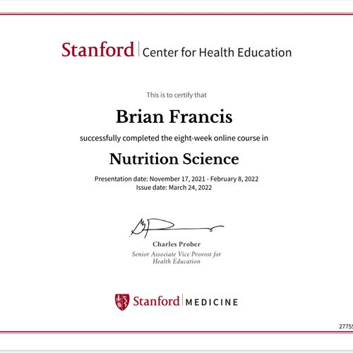Stanford Nutrition Science Certificate - Pittsburg