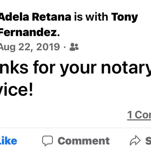 August 22, 2019 Thanks for your notary service!