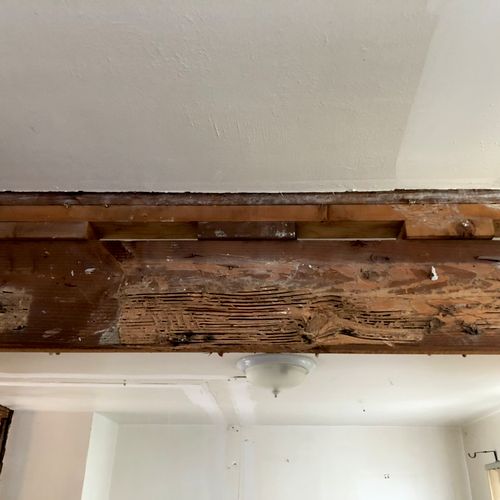 Termite damage to an interior support beam 