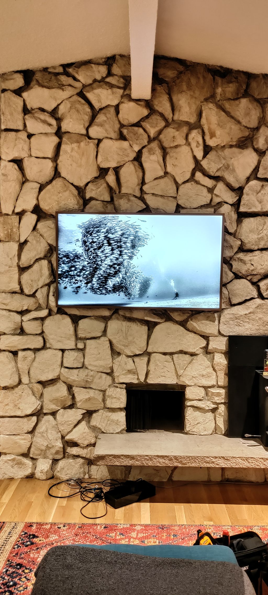 TV mounted on natural stone