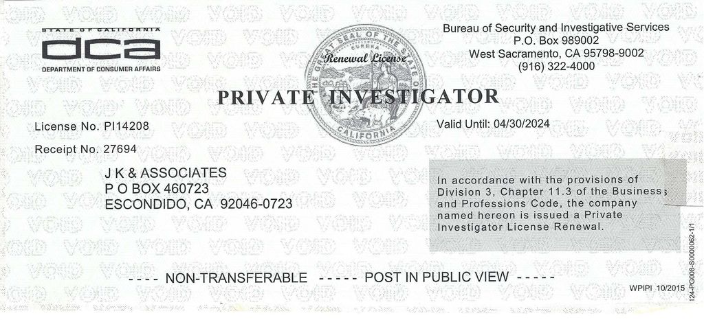 CA P.I. License EXP April 30 2024