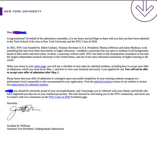 Congratulations to my student admitted to NYU Tisc