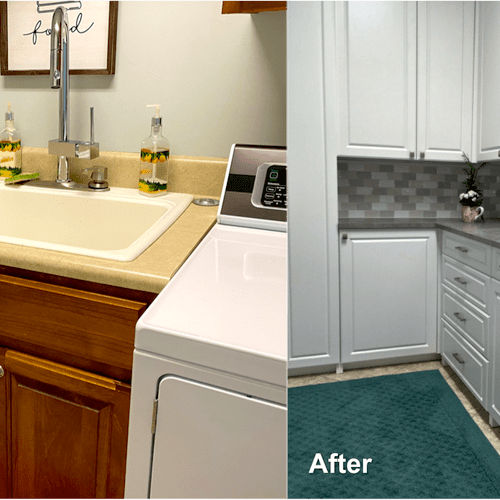 Before and after photos of a renovated laundry roo