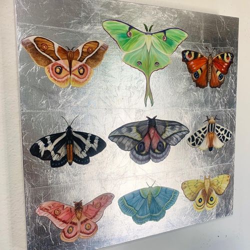 Butterflies / Moths painting on silver leaf