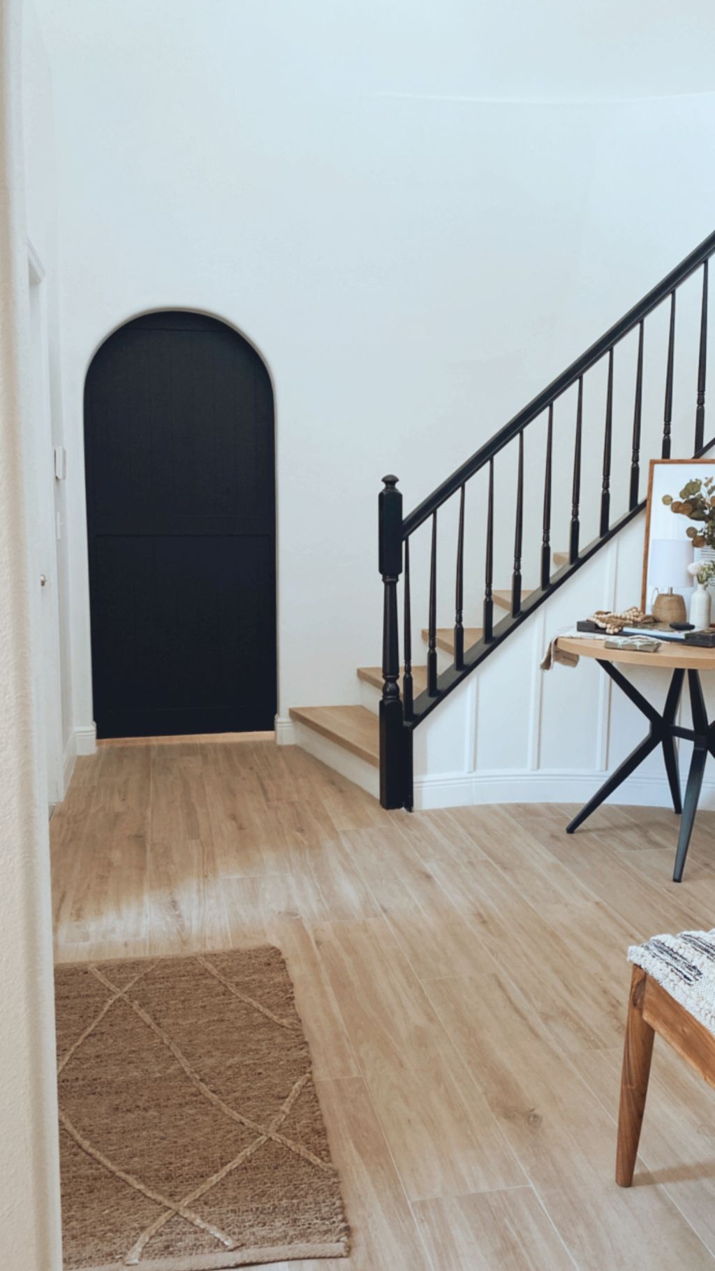 Tile installation, vinyl stair nose, and room desi